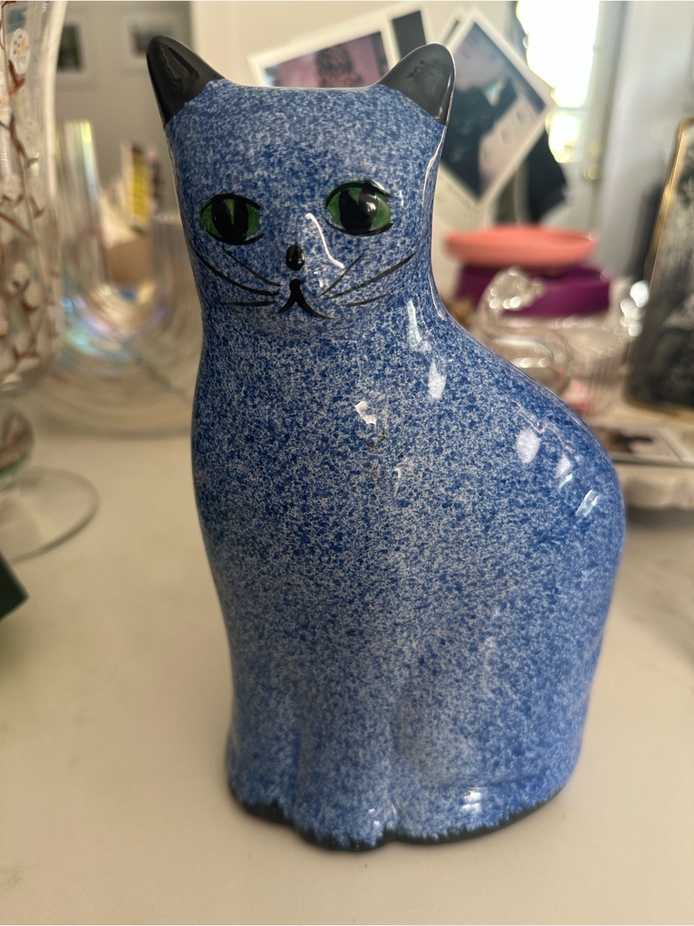 Vtg Enesco Blue Spongeware Sitting Cat Figurine/Coin Bank Folk Art Hand Painted